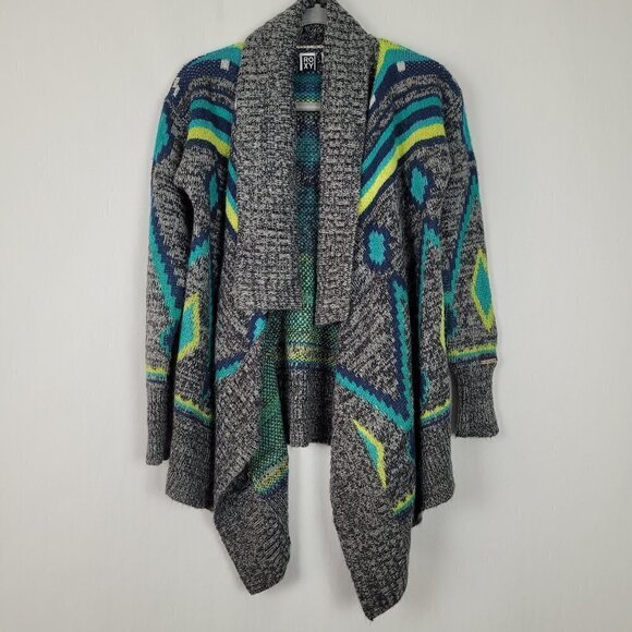 ROXY Gray Blue Boho Tribal Print Open Front Waterfall Cardigan S - Picture 1 of 8